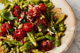 Miso Pesto Pasta Salad with Chilli Crisp Balsamic Roasted Tomatoes Recipe