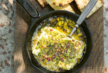 Baked Feta with Pumpkin Seeds, Honey & Crispy Cumin Pittas Recipe, by Genevieve Taylor