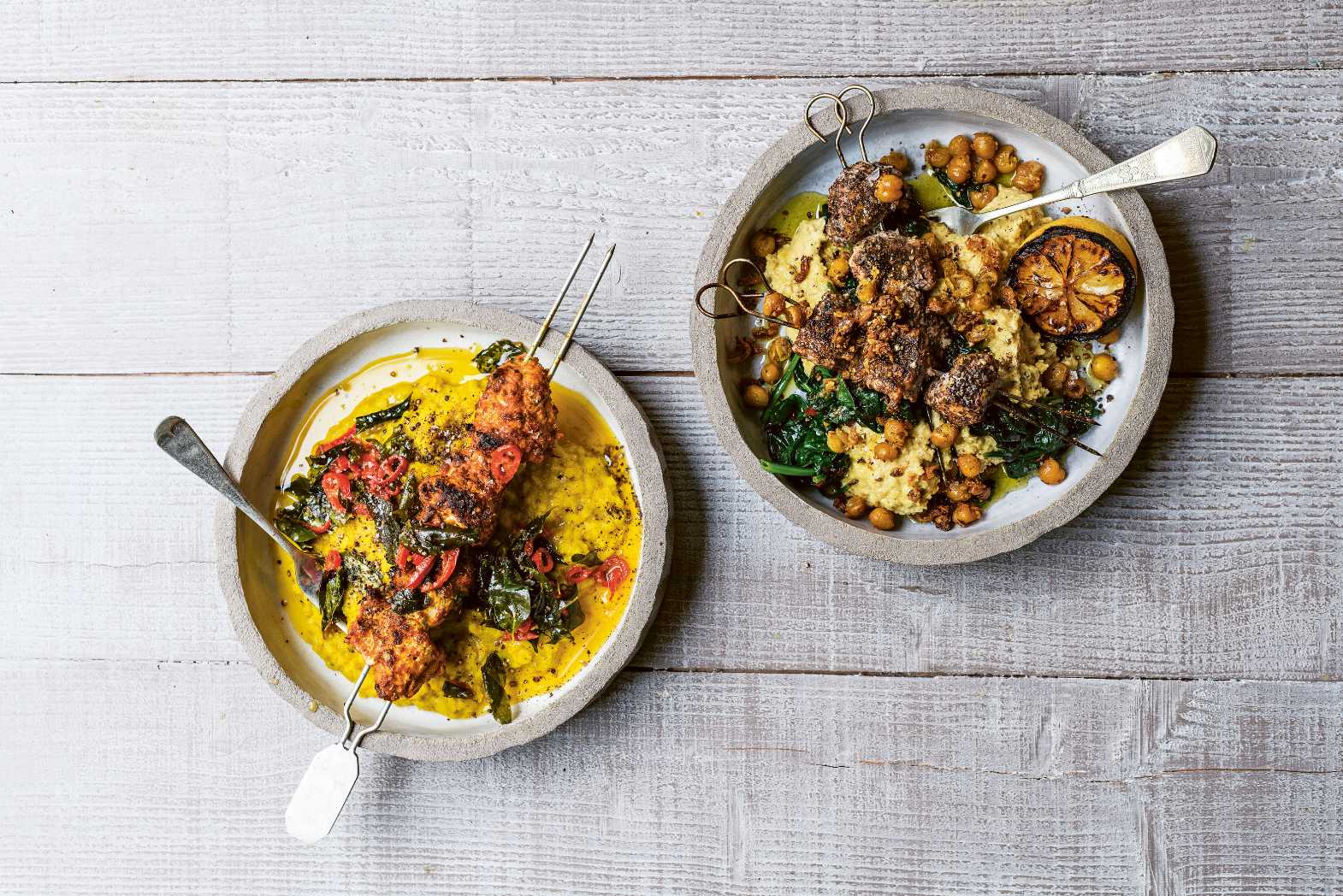 Monkfish Sumac Skewers with Warm Chickpea Purée, Spinach and Burnt Lemon Recipe