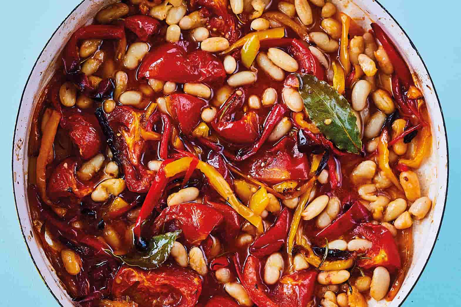 Slow Roasted Peppers With Chilli, Lemon & Garlic Beans