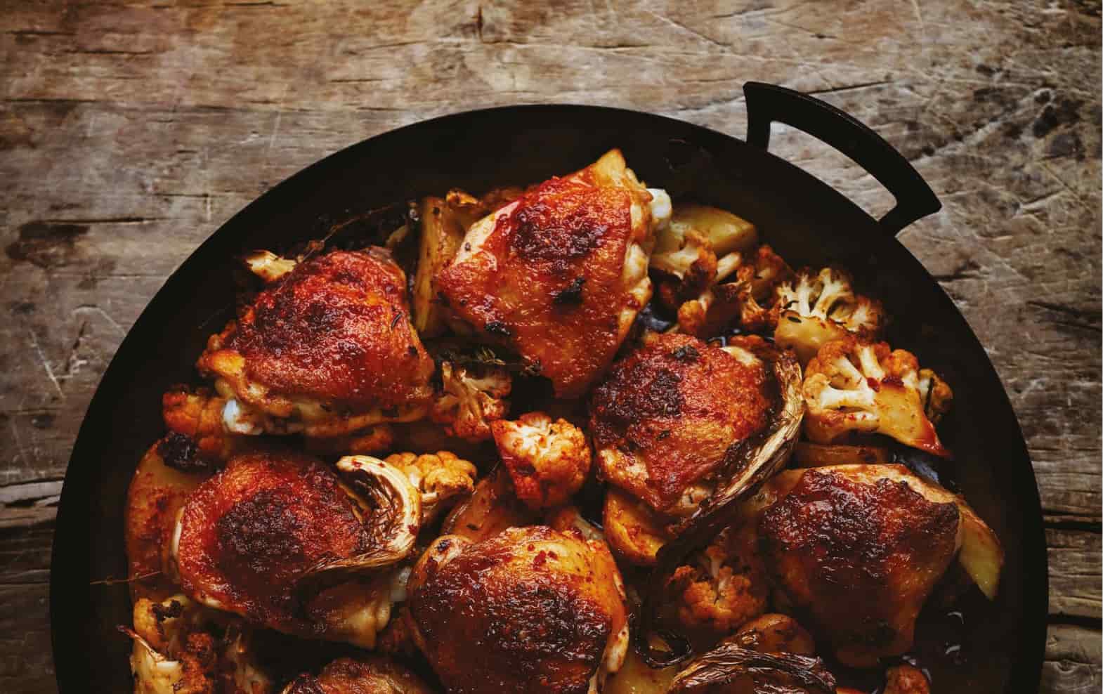 Chicken with Prunes, Potatoes, Cauliflower and Harissa, by Diana Henry