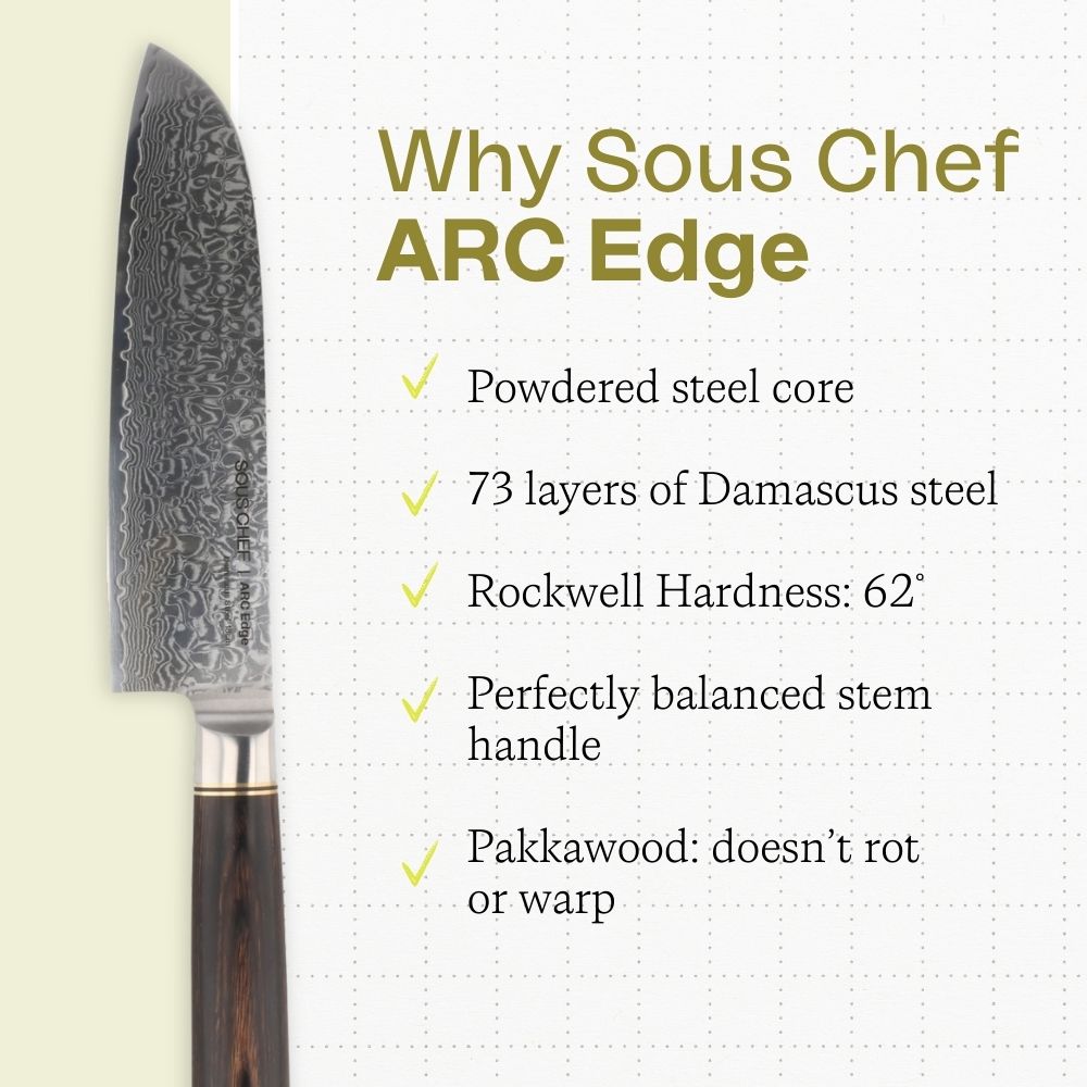 Sous Chef ARC Edge Damascus Steel Santoku Knife, 18cm