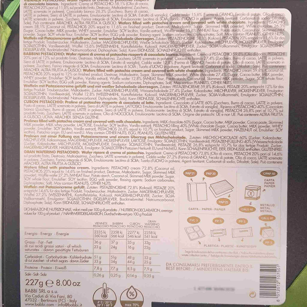 Babbi La Collezione Pistachio Chocolate Covered Wafer & Praline Selection, 227g