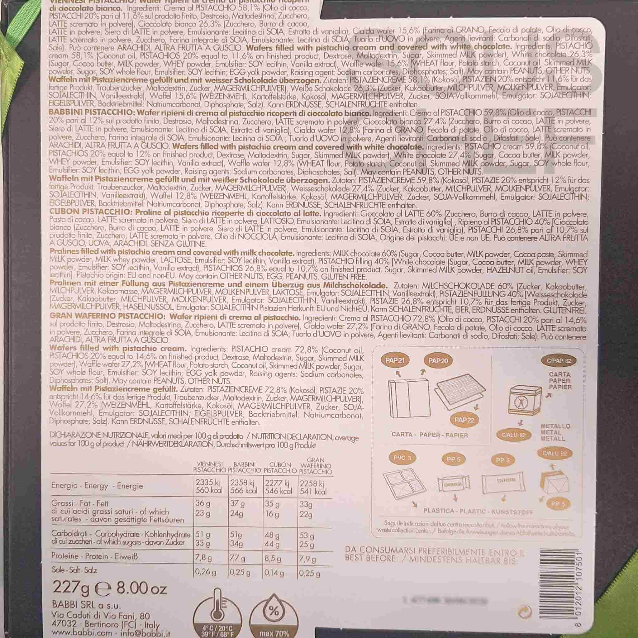 Babbi La Collezione Pistachio Chocolate Covered Wafer & Praline Selection, 227g