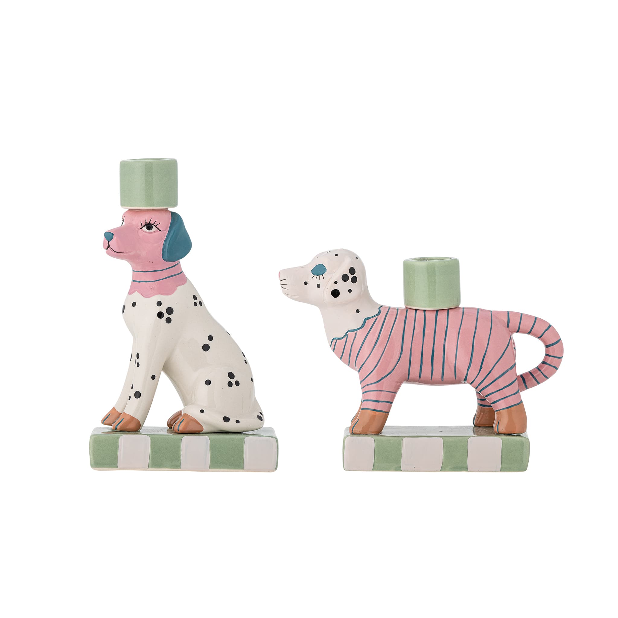 Set of 2 Pink & Green Dog Candle Holders