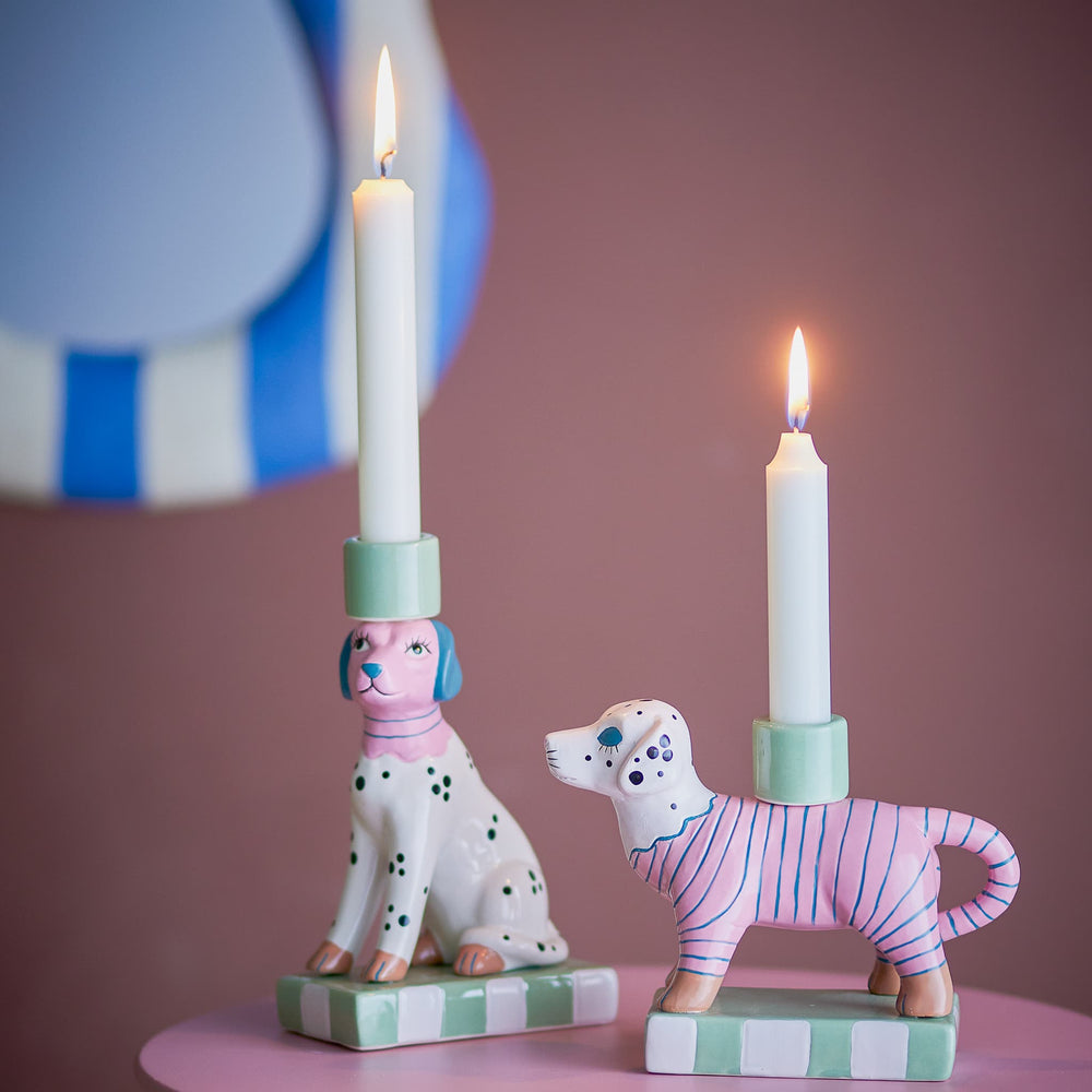 Set of 2 Pink & Green Dog Candle Holders