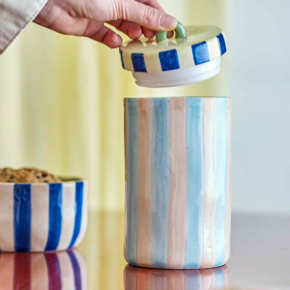 Phoenix Blue & Yellow Striped Storage Jar with Lid, 500ml