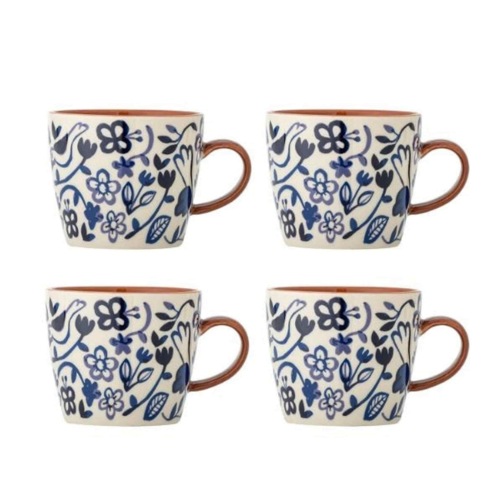 Set of 4 Blue & White Bird Mugs, 300ml