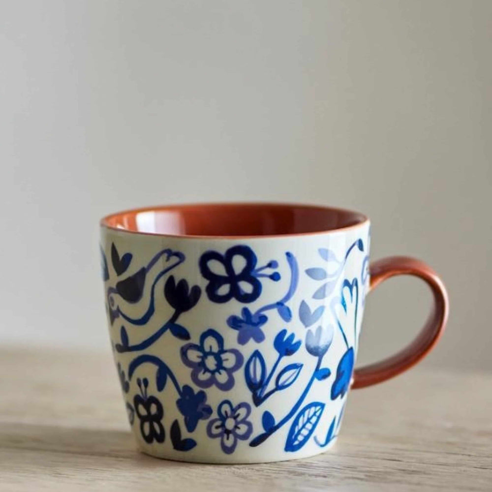 Set of 4 Blue & White Bird Mugs, 300ml