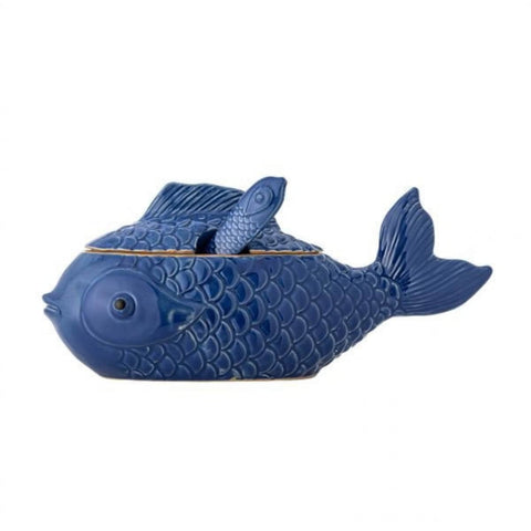 Blue Fish Shaped Stoneware Serving Dish with Lid, 1.7 Litres