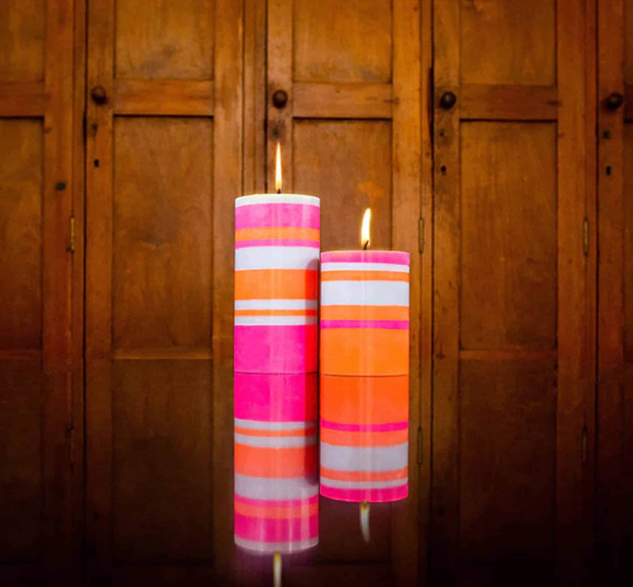 Striped Pillar Candle, Orange & Pink, 10cm