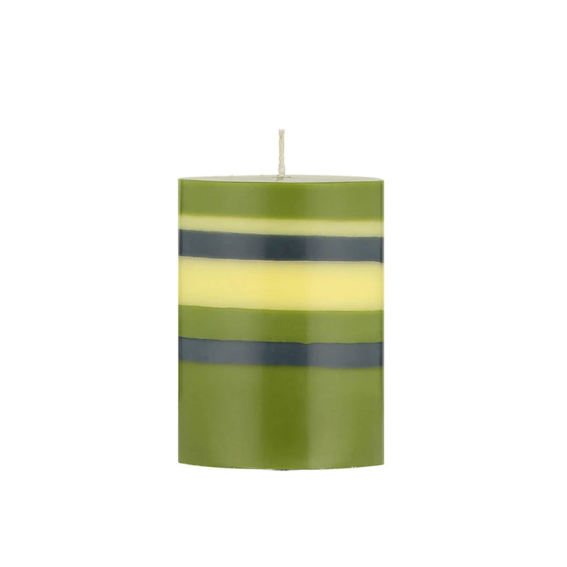 Striped Pillar Candle, Olive & Navy, 10cm