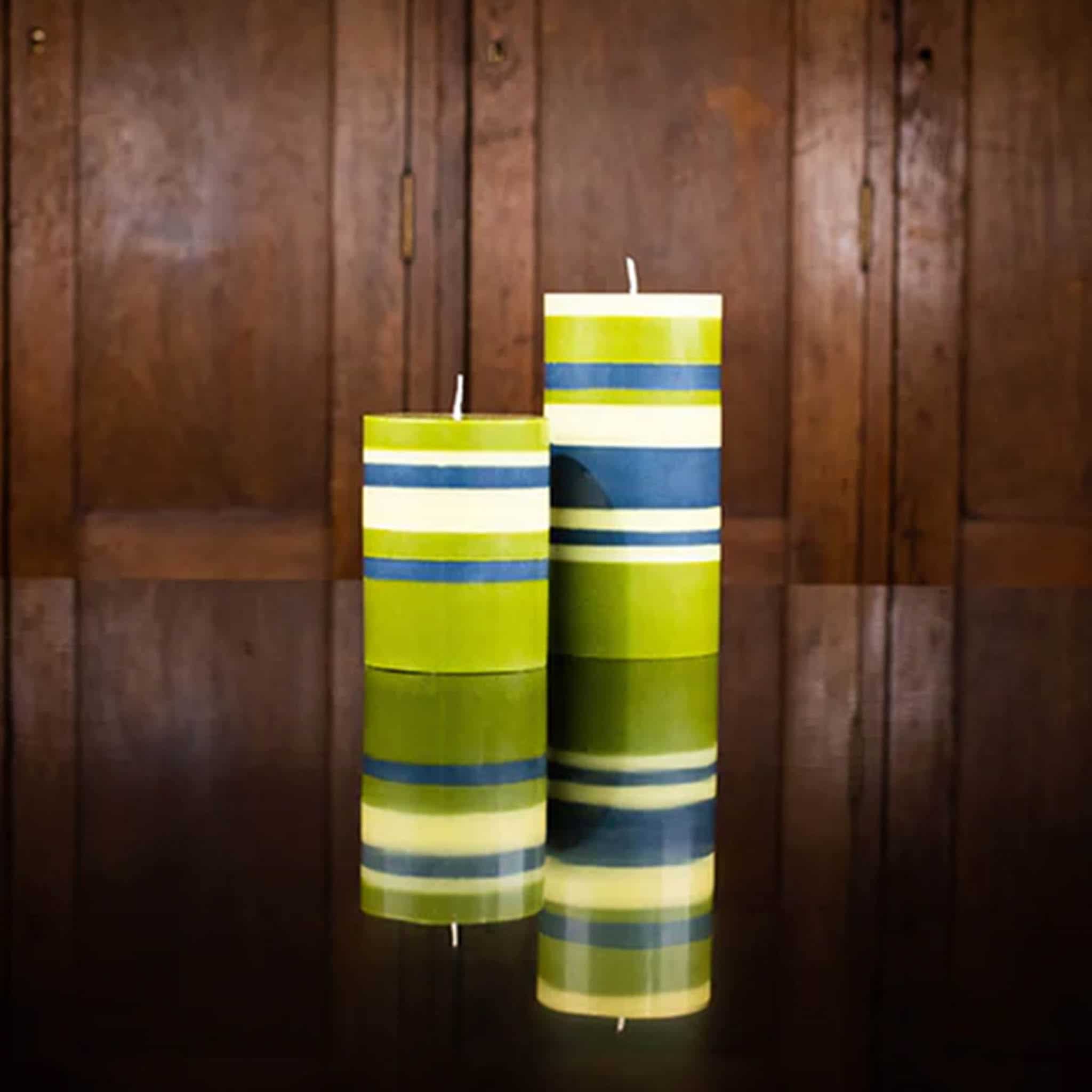 Striped Pillar Candle, Olive & Navy, 10cm