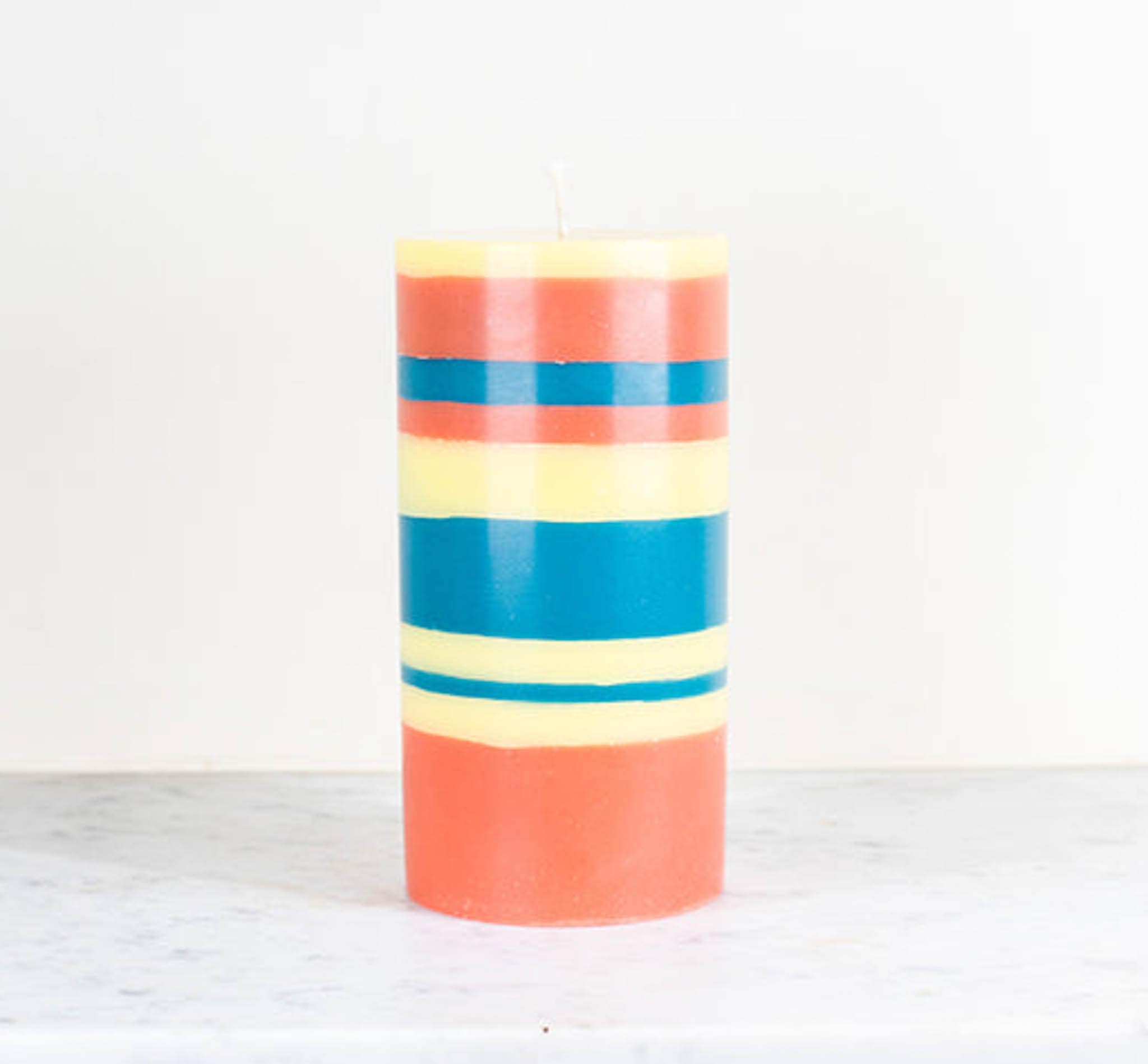 Striped Pillar Candle, Orange & Petrol, 15cm