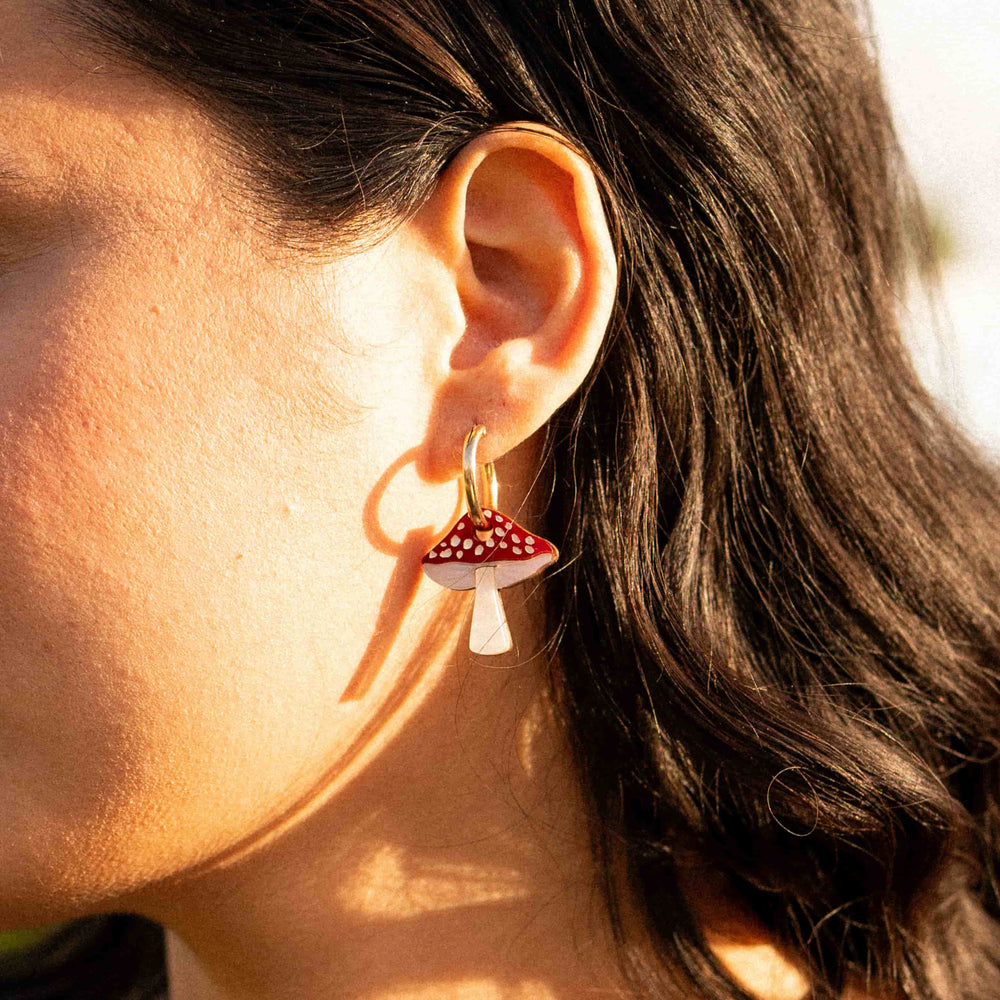 Cuteryko Red Mushroom Stainless Steel Hoop Earrings