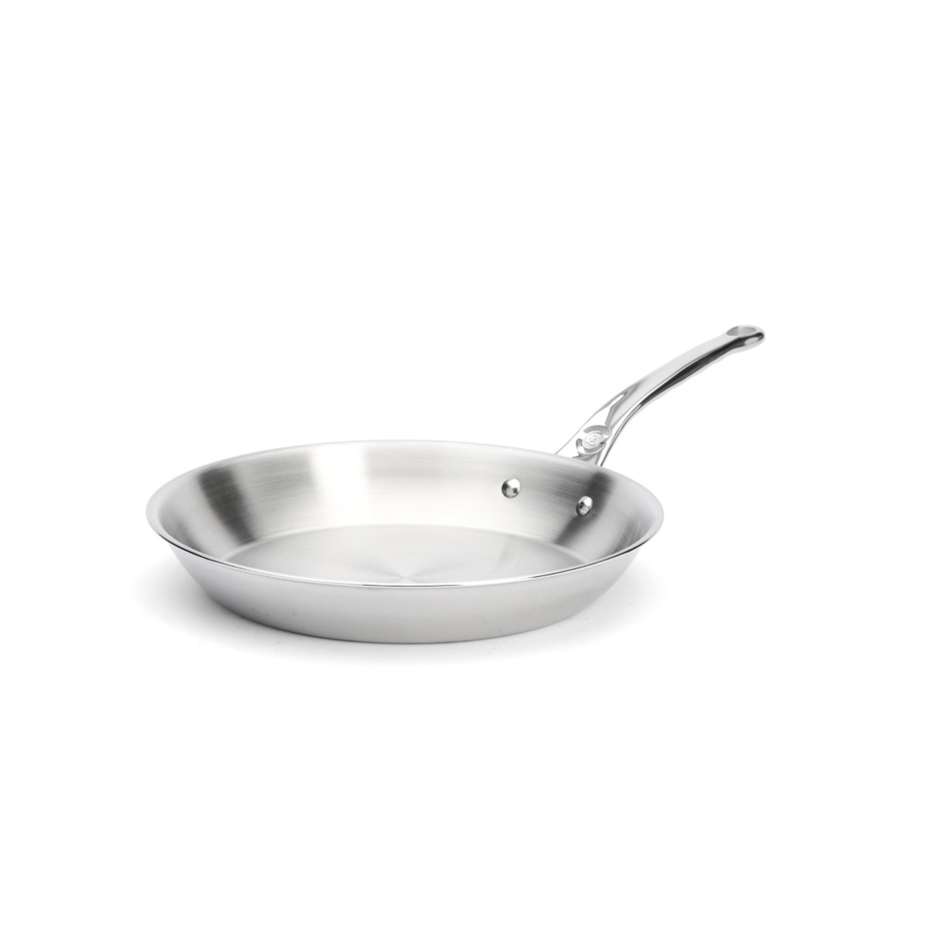 A stainless steel frying pan with a riveted handle.