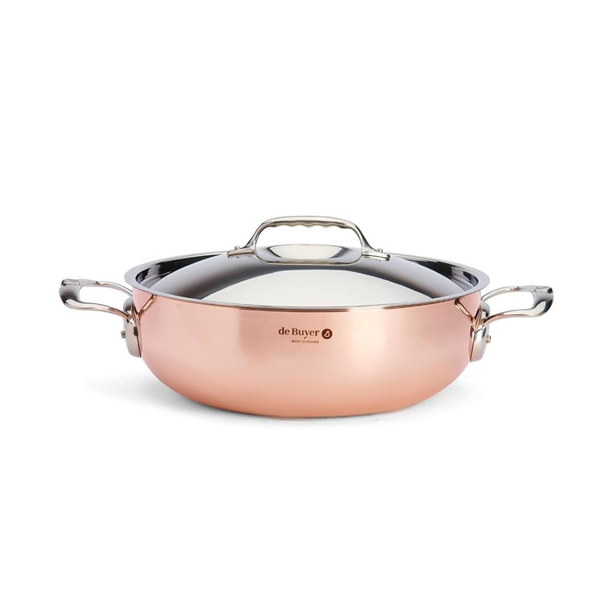 De Buyer Prima Matera Copper Curved Saute Pan with Lid & Stainless Steel Handle, 28cm