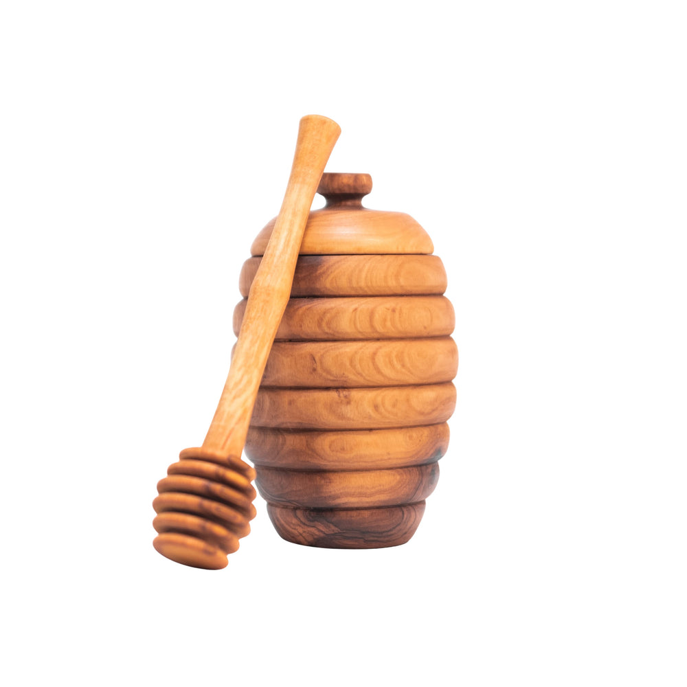 Tunisian Olive Wood Honey Box with Drizzler, 12cm