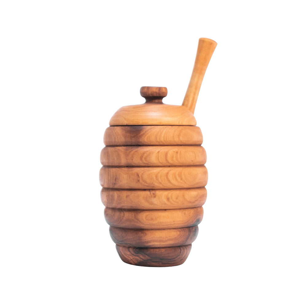 Tunisian Olive Wood Honey Box with Drizzler, 12cm