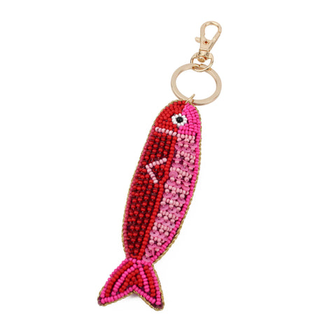 Red & Pink Fish Beaded Keyring, 14cm