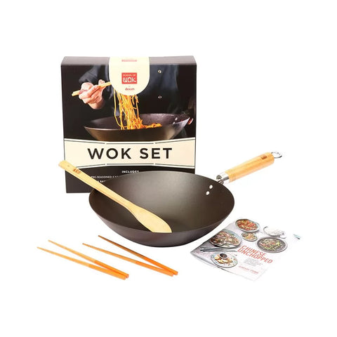 School of Wok Flat Base Pre-Seasoned Carbon Steel Wok Gift Set