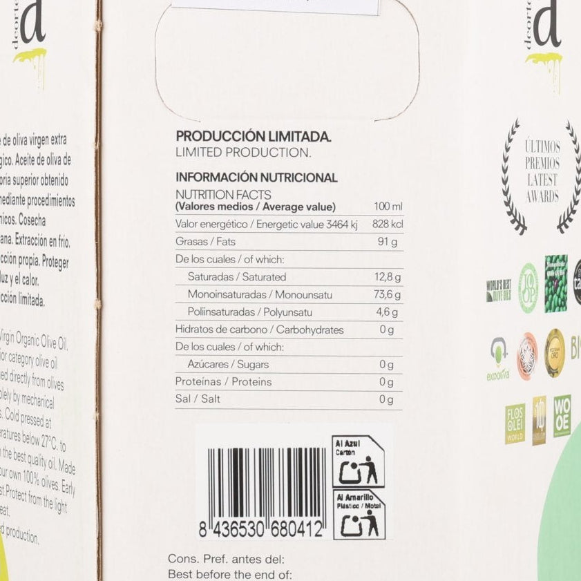 DeOrtegas Arbequina Extra Virgin Organic Olive Oil, 2L