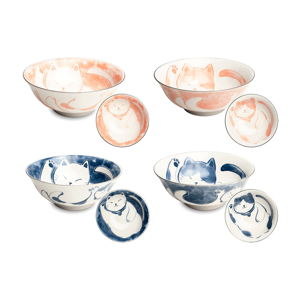 Set of 4 Japanese Cat Bowls, 14.5cm