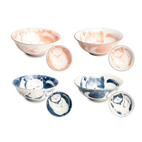 Set of 4 Japanese Cat Bowls, 14.5cm