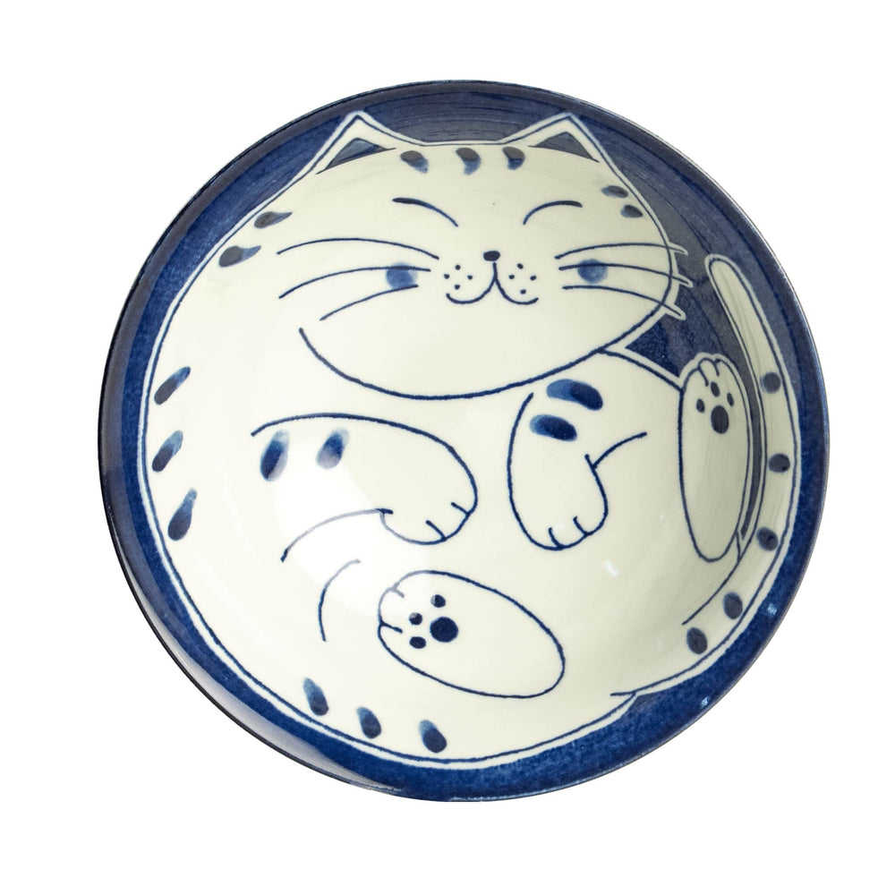 Dark Blue Lucky Cat Japanese Ramen Bowl, 21cm