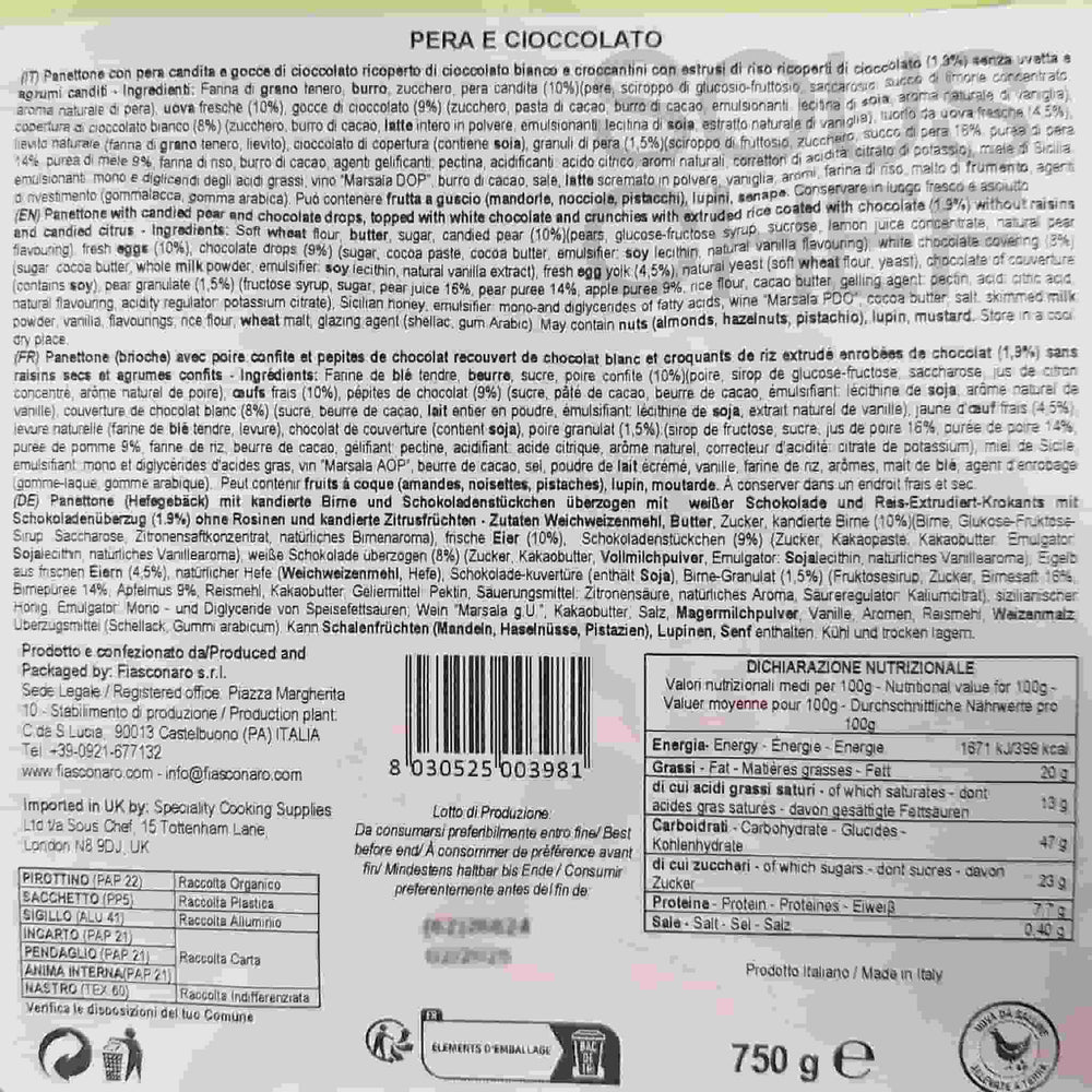 Fiasconaro Pear & Chocolate Handwrapped Panettone, 750g