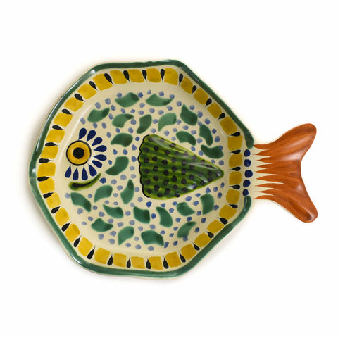 Mexican Hand Painted Green & Yellow Fish Dish, 14x19cm