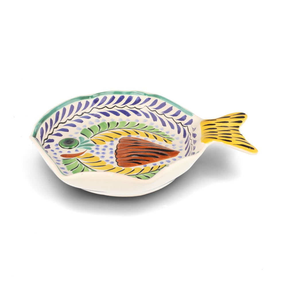 Mexican Hand Painted Yellow & Blue Fish Dish, 25.5cm