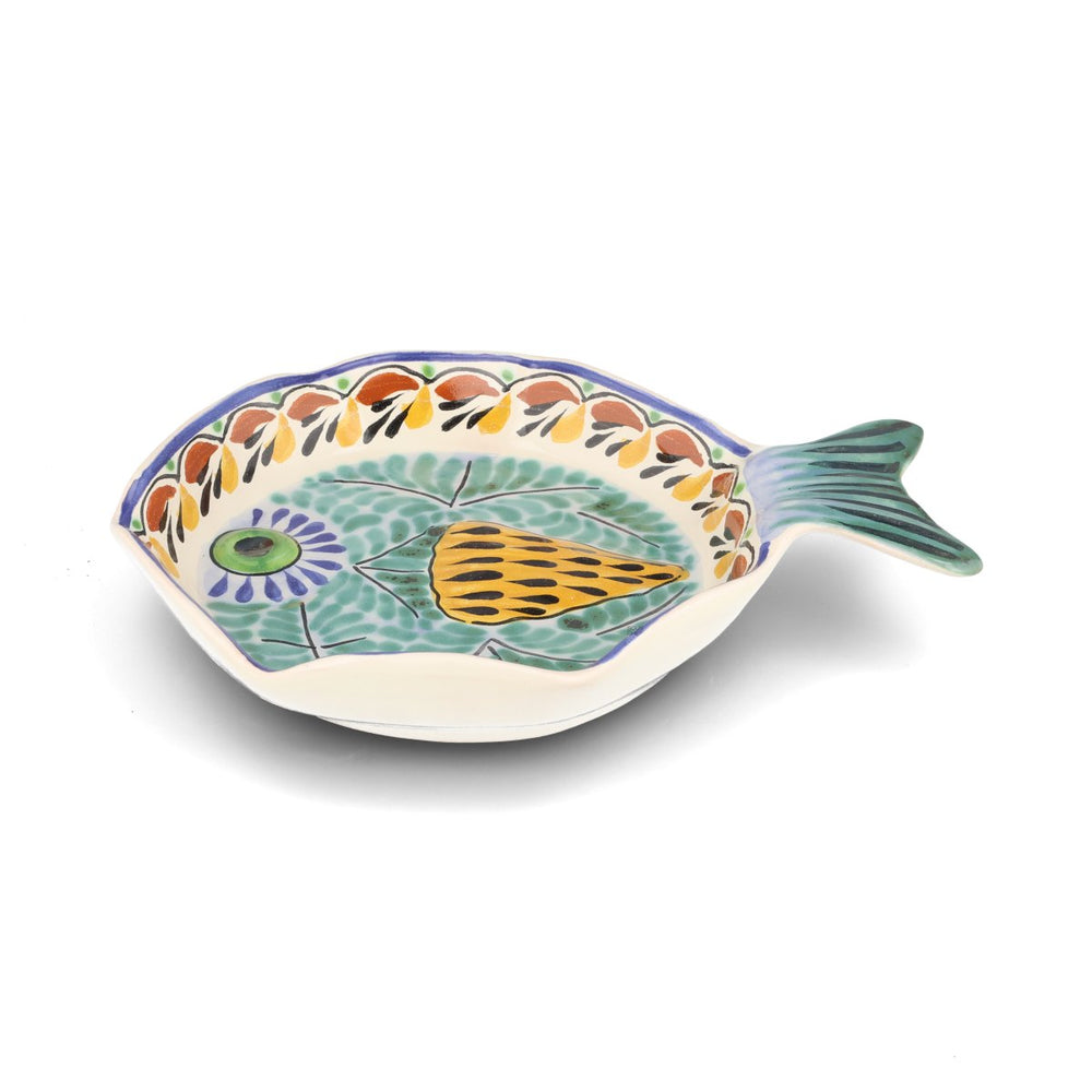 Mexican Hand Painted Green & Blue Fish Dish, 25.5cm