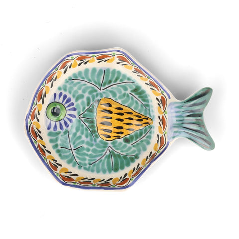 Mexican Hand Painted Green & Blue Fish Dish, 25.5cm