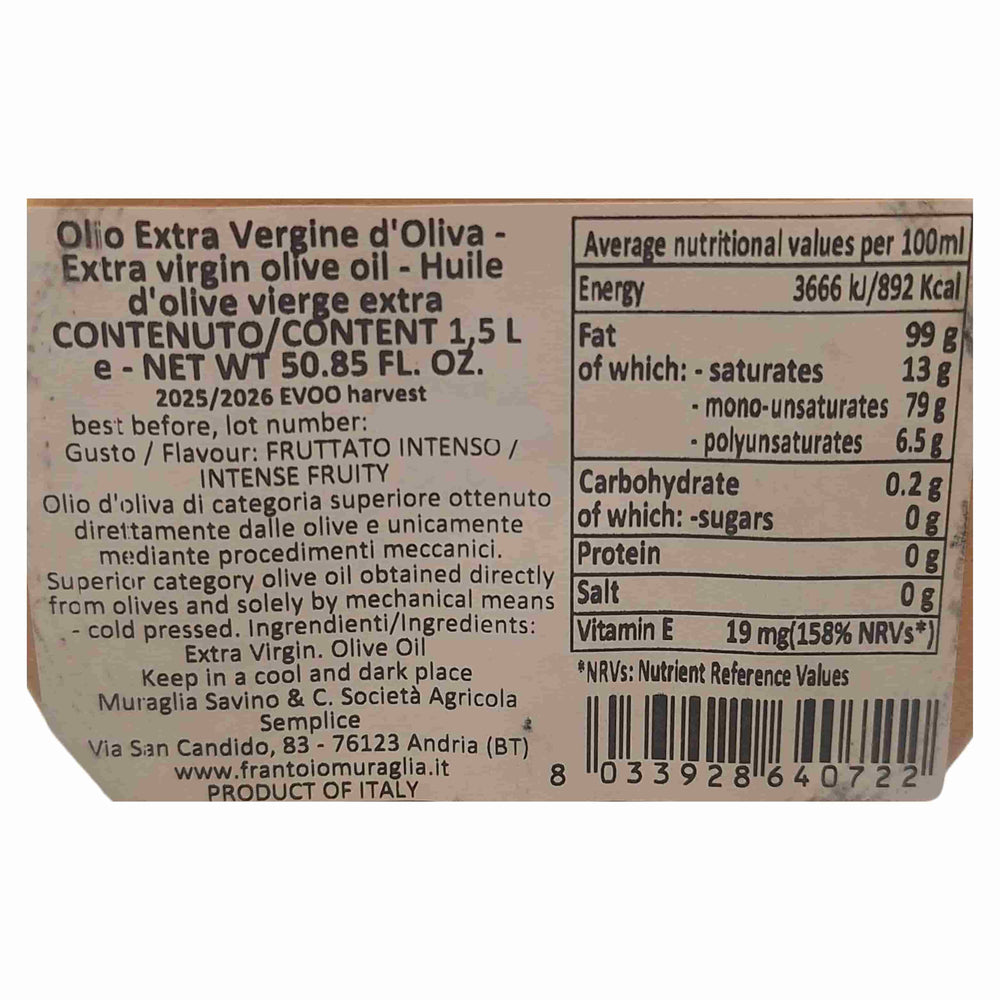 Frantoio Muraglia Magnum Rainbow Intense Fruity Extra Virgin Olive Oil, 1.5 Litre