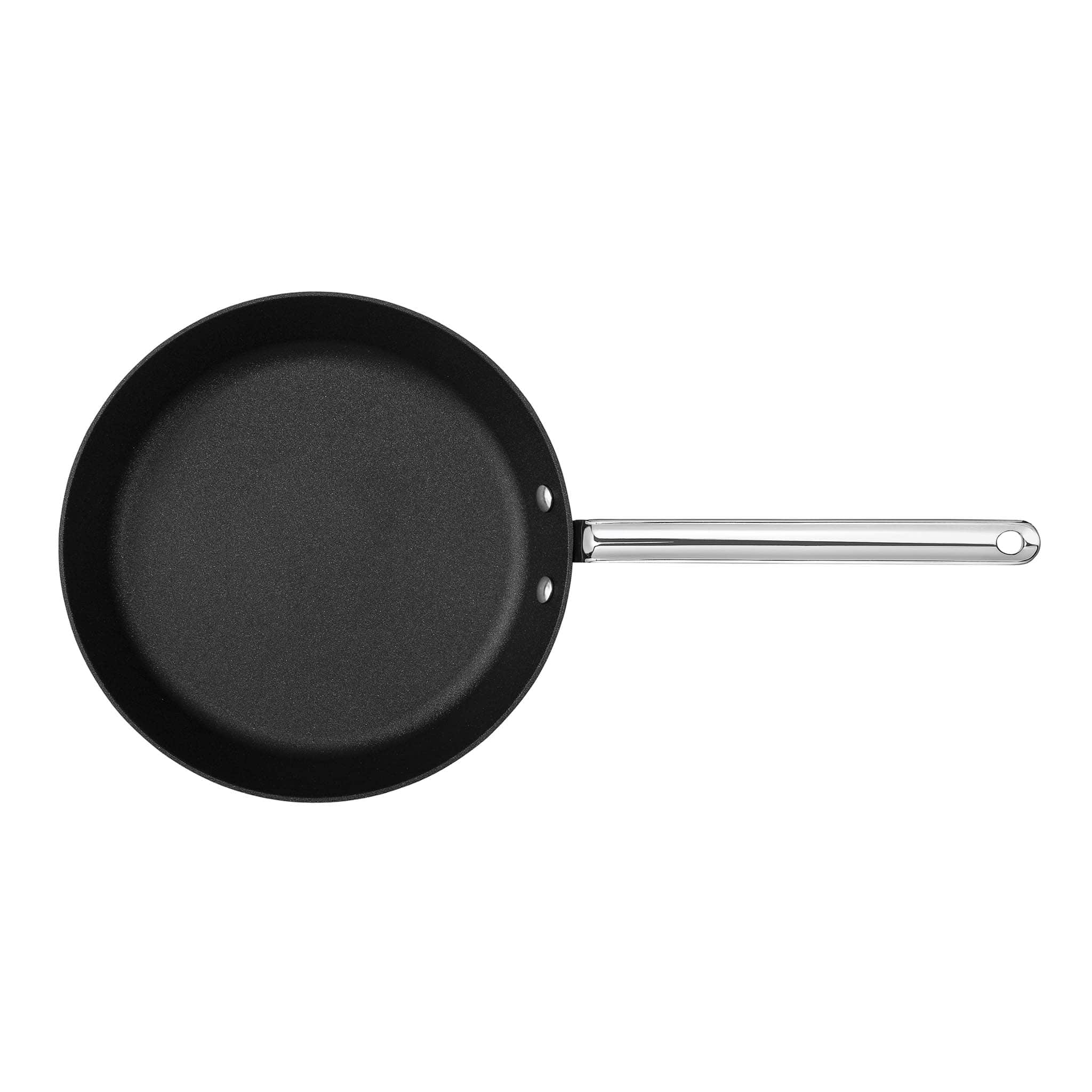 A dark non-stick skillet with a stainless handle.