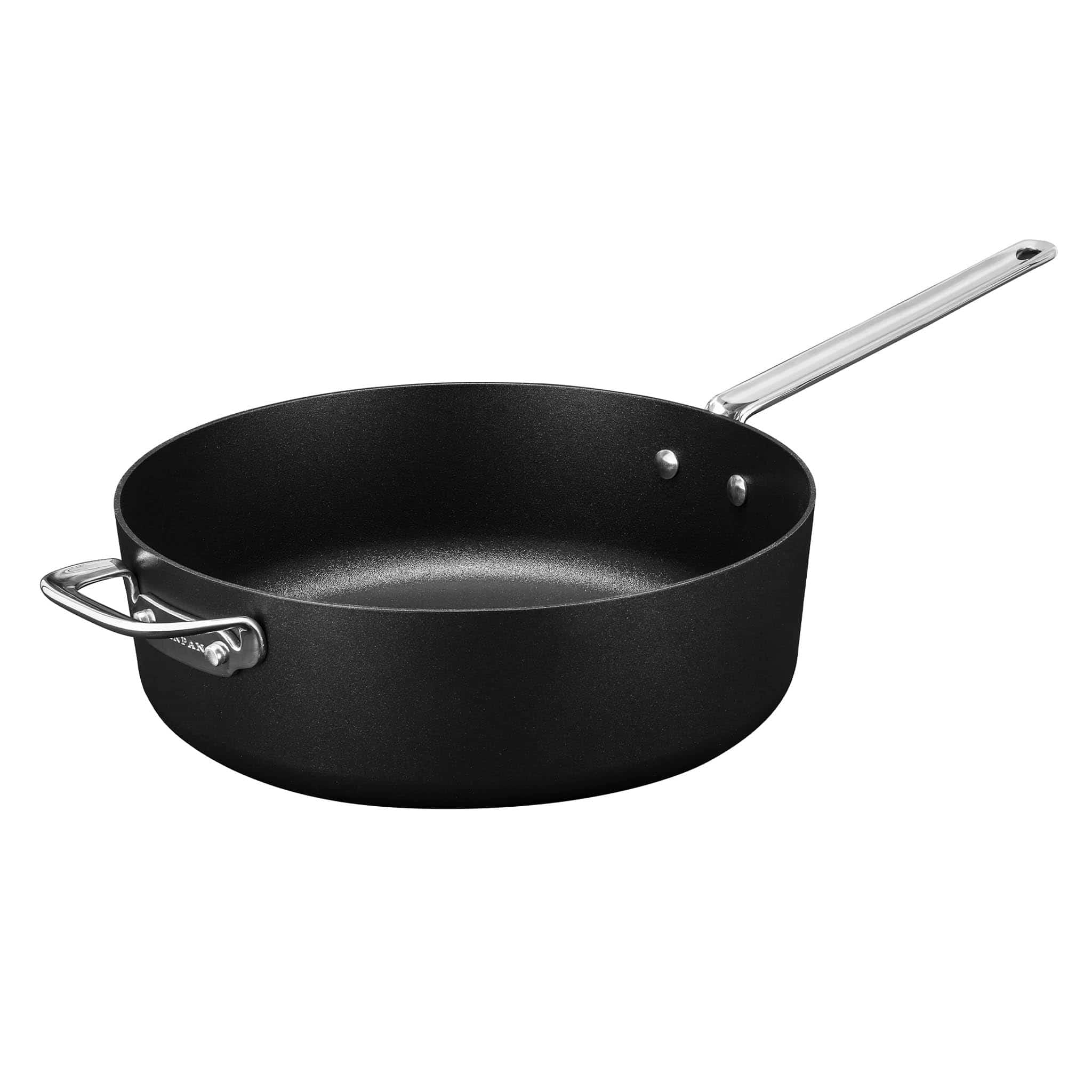 A dark non-stick saute pan with high sides and a stainless handle.