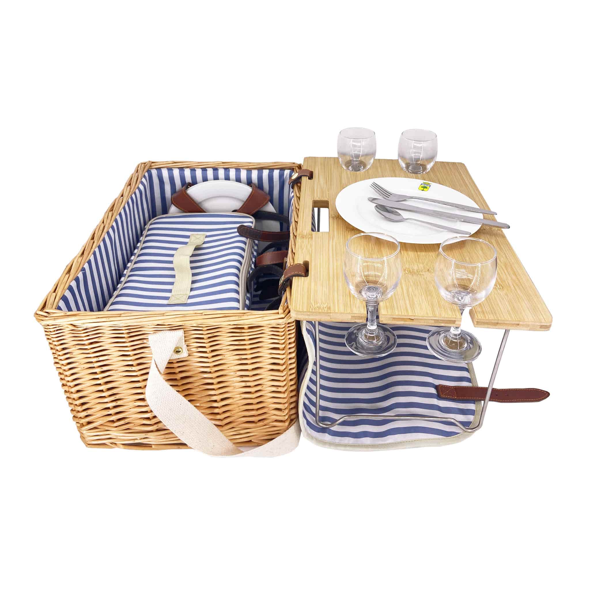 Saint-Malo Blue Striped Picnic Basket with Table, 4 Person