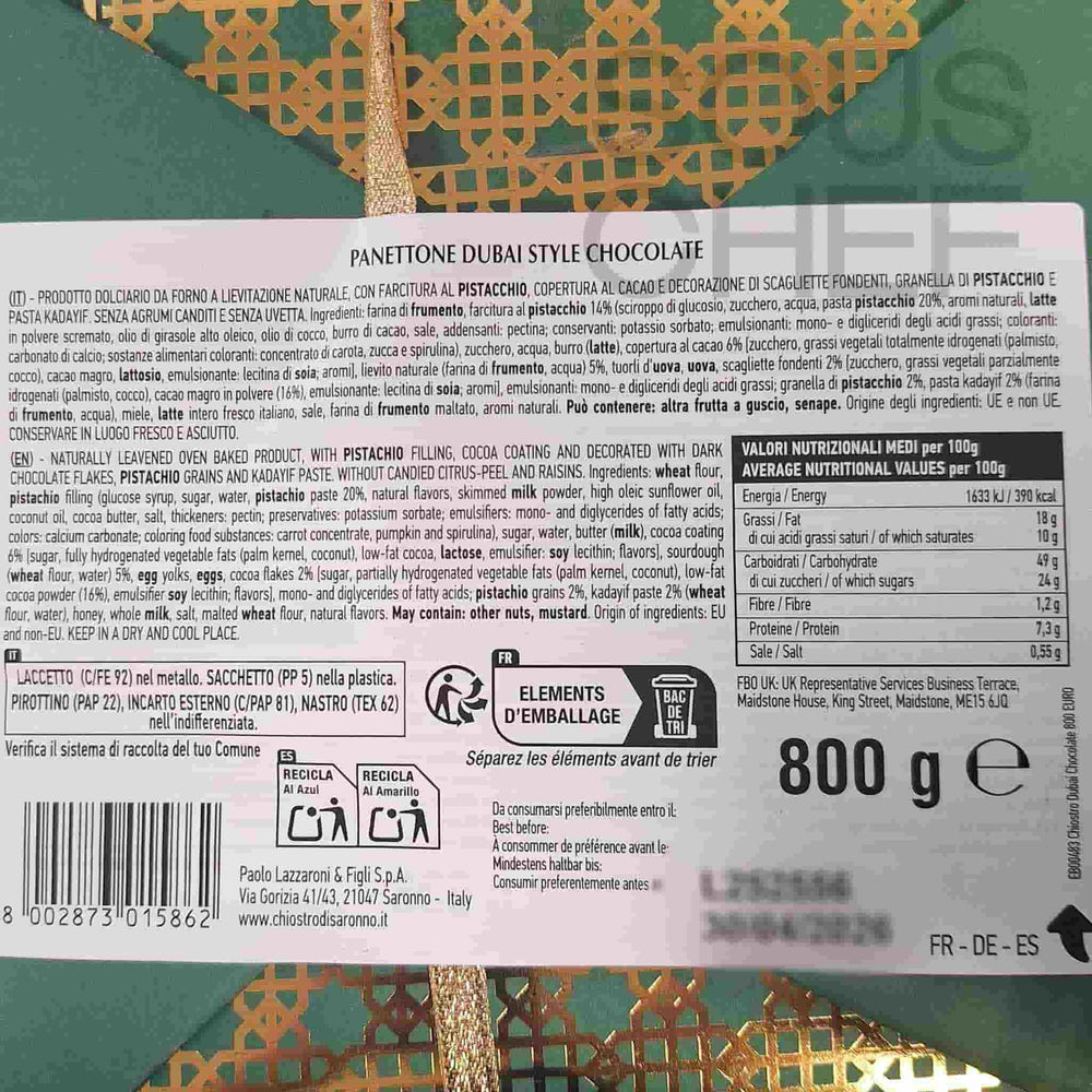 Lazzaroni Dubai Style Panettone with Chocolate, Pistachio & Kunafa, 800g