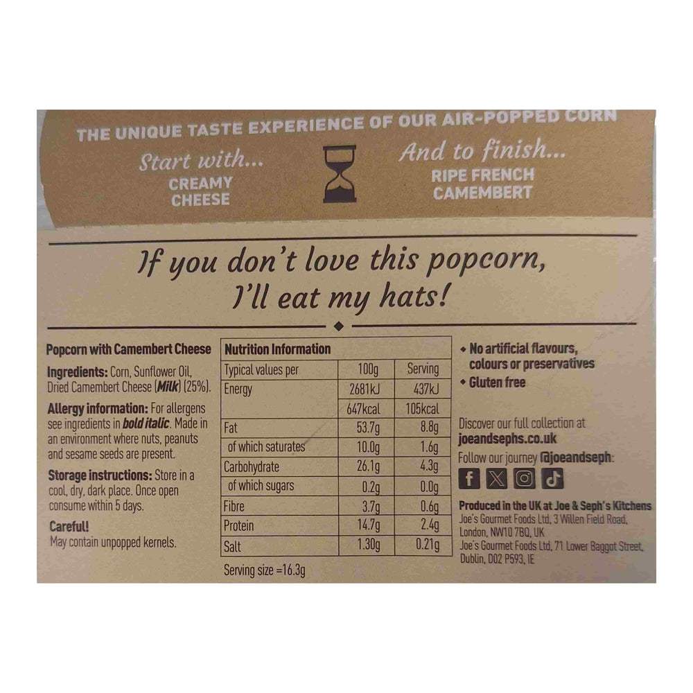 Joe & Seph's Camembert Cheese Popcorn, 65g