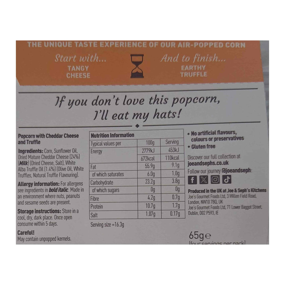 Joe & Seph's Cheddar & Truffle Popcorn, 65g