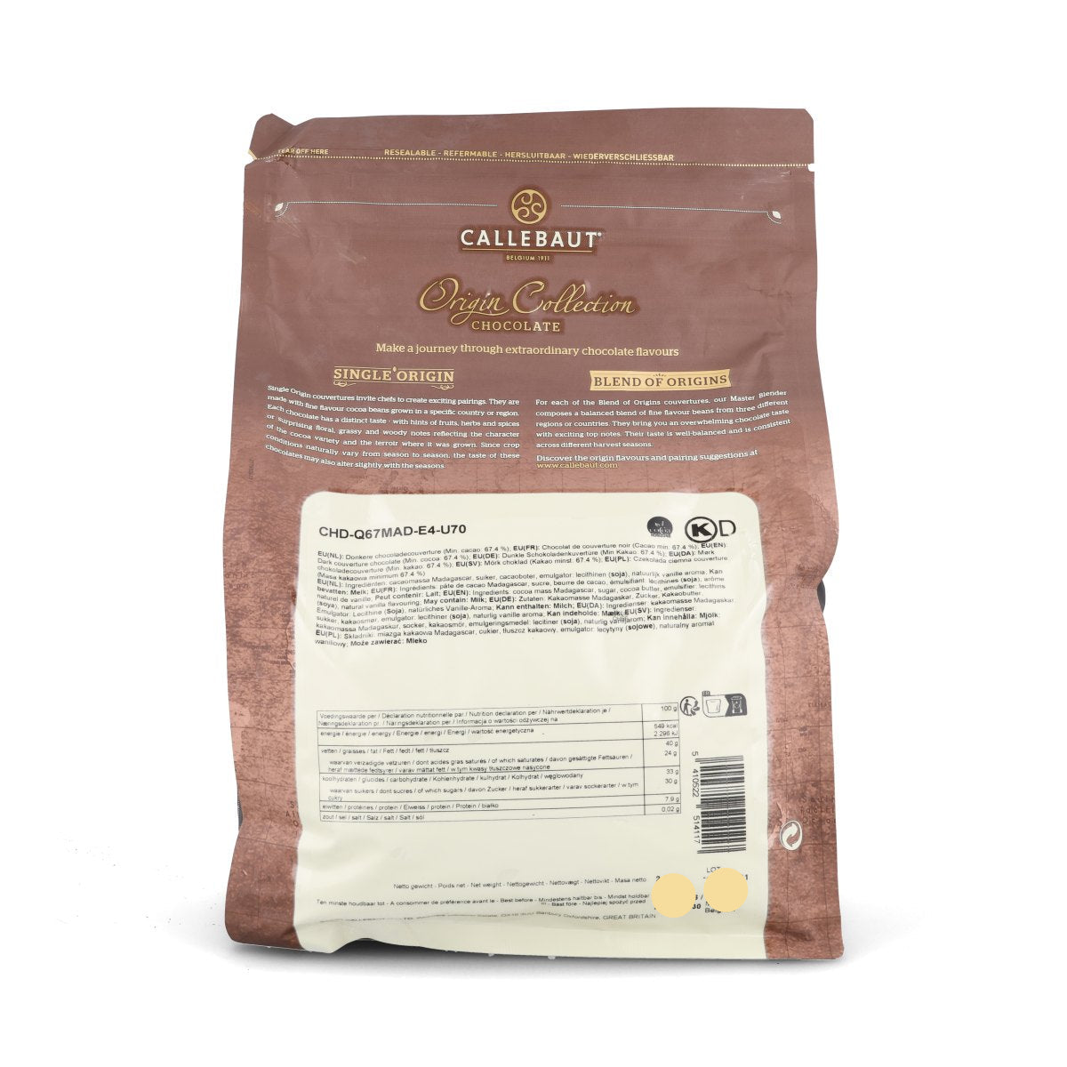 Callebaut Origin Madagascar 67.4% Dark Chocolate Chips, 2.5kg
