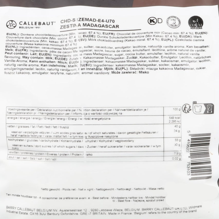 Callebaut Origin Madagascar 67.4% Dark Chocolate Chips, 2.5kg