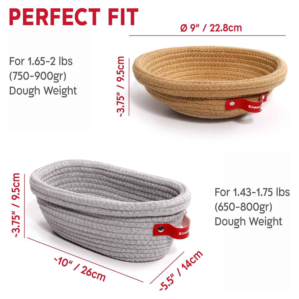 Set of 2 KneadAce Cotton Rope Bannetons with Liner & Cover, Oval & Round