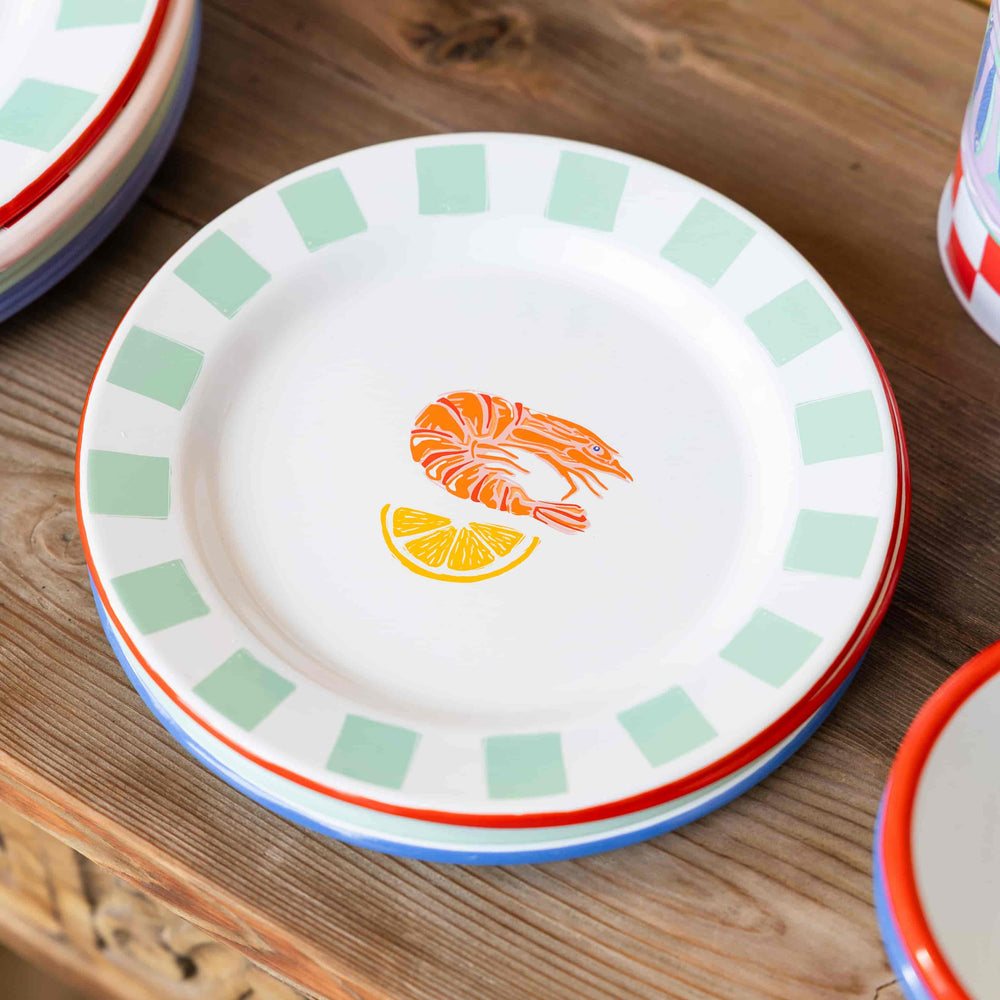 Striped Prawn Printed Enamel Side Plate, 20cm