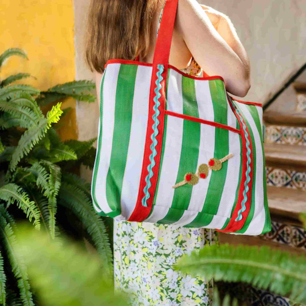 Recycled Plastic Striped Olive Tote Bag
