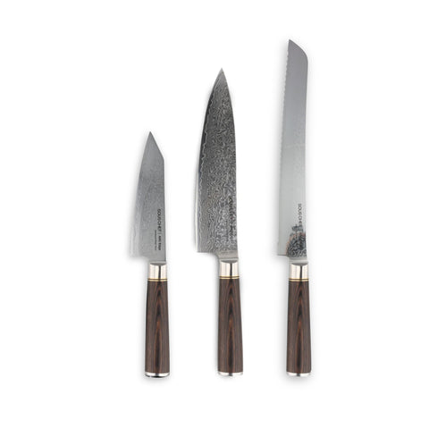 Sous Chef ARC Edge Damascus Steel Bread, Chef's & Bunka Knife Trio