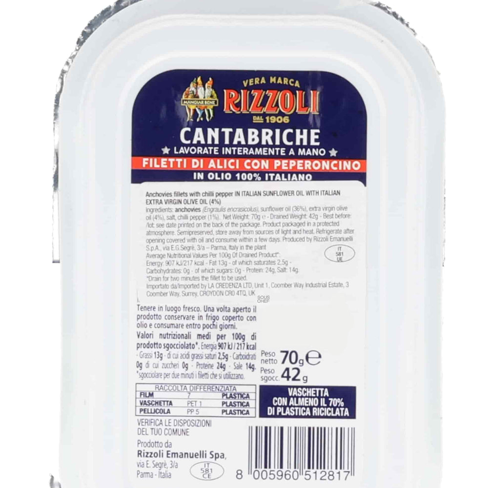Rizzoli Cantabrian Sea Anchovy Fillets with Red Pepper in Oil, 70g