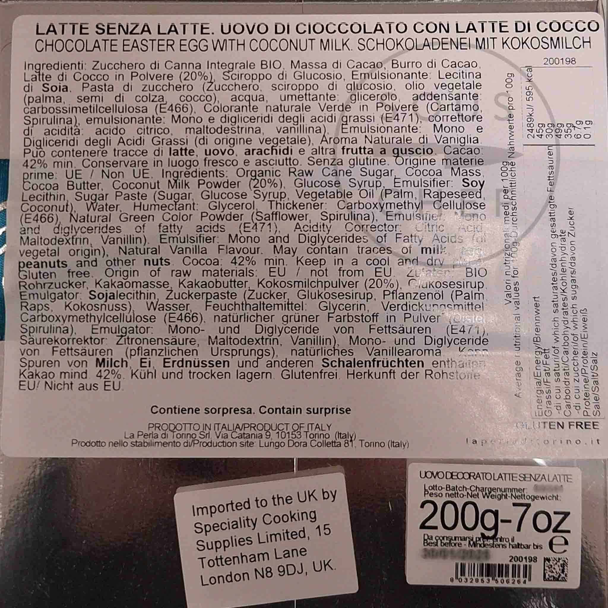 La Perla di Torino Vegan Coconut Milk Chocolate Easter Egg, 200g