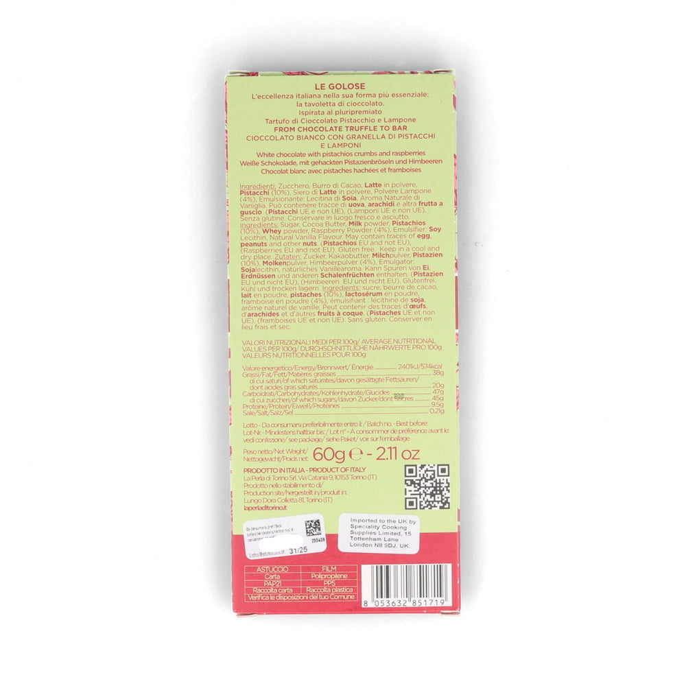 La Perla di Torino Pistachio & Raspberry White Chocolate Bar, 60g